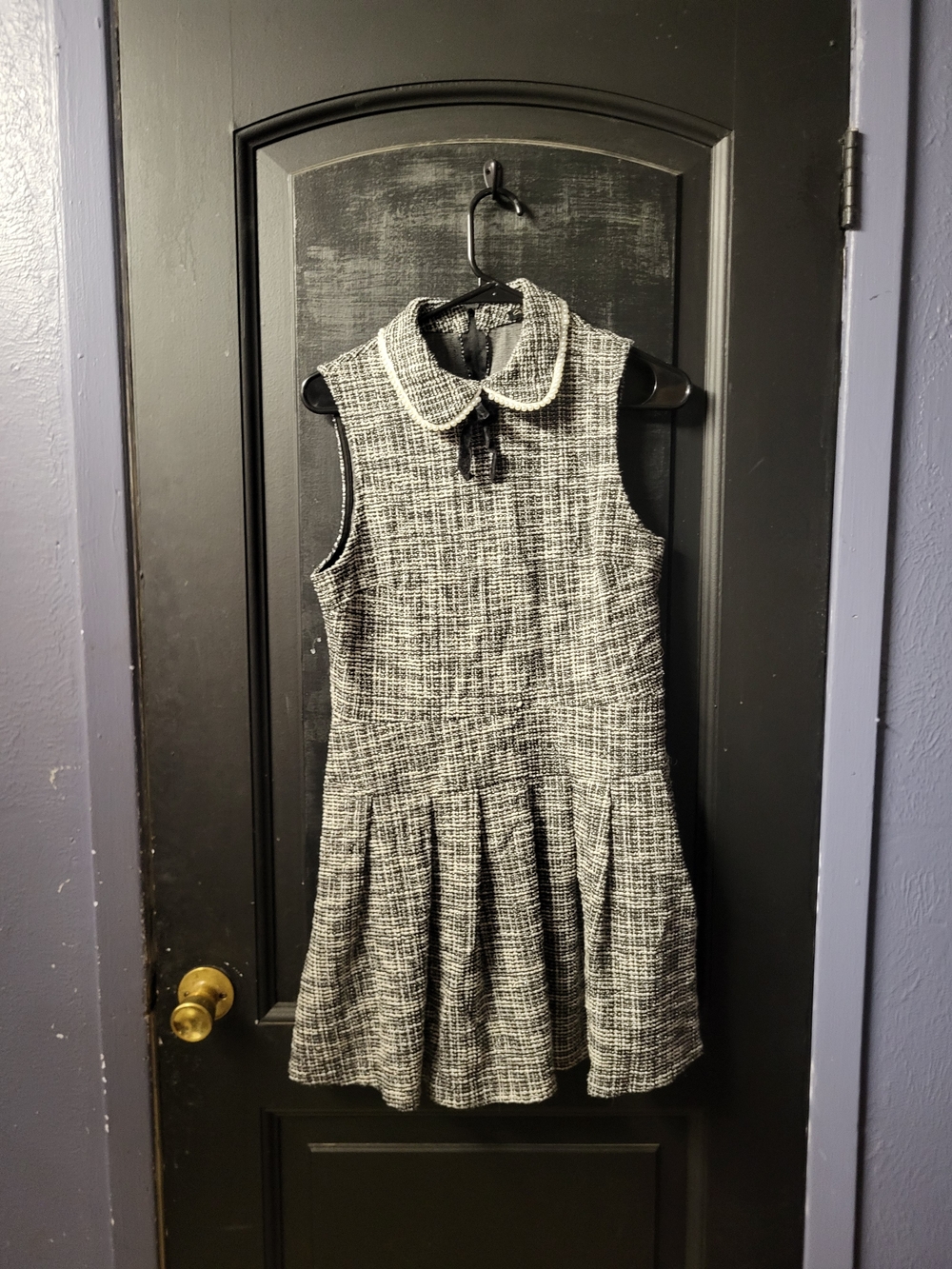 City Triangles Black & White Tweed Pleated Midi Dress with Peter Pan Collar